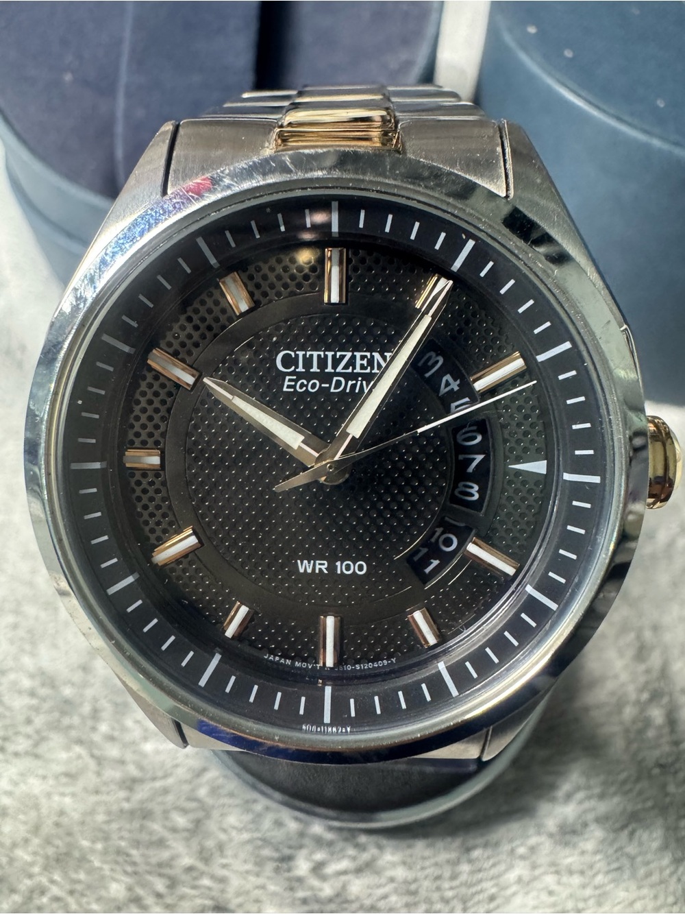 #38 Citizen Eco-Drive Men's Black Dial Stainless Steel Watch with Gold Accents